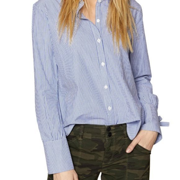 🎈 Sanctuary Lace Up Back Sz S Striped Button Down Shirt Top Blouse White Blue - Picture 8 of 14